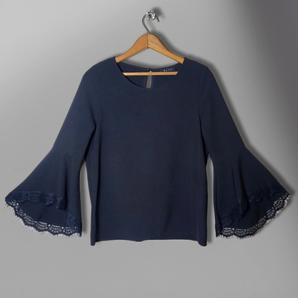 BLVD Black Lace Bellsleeve Scoop Neck Blouse
